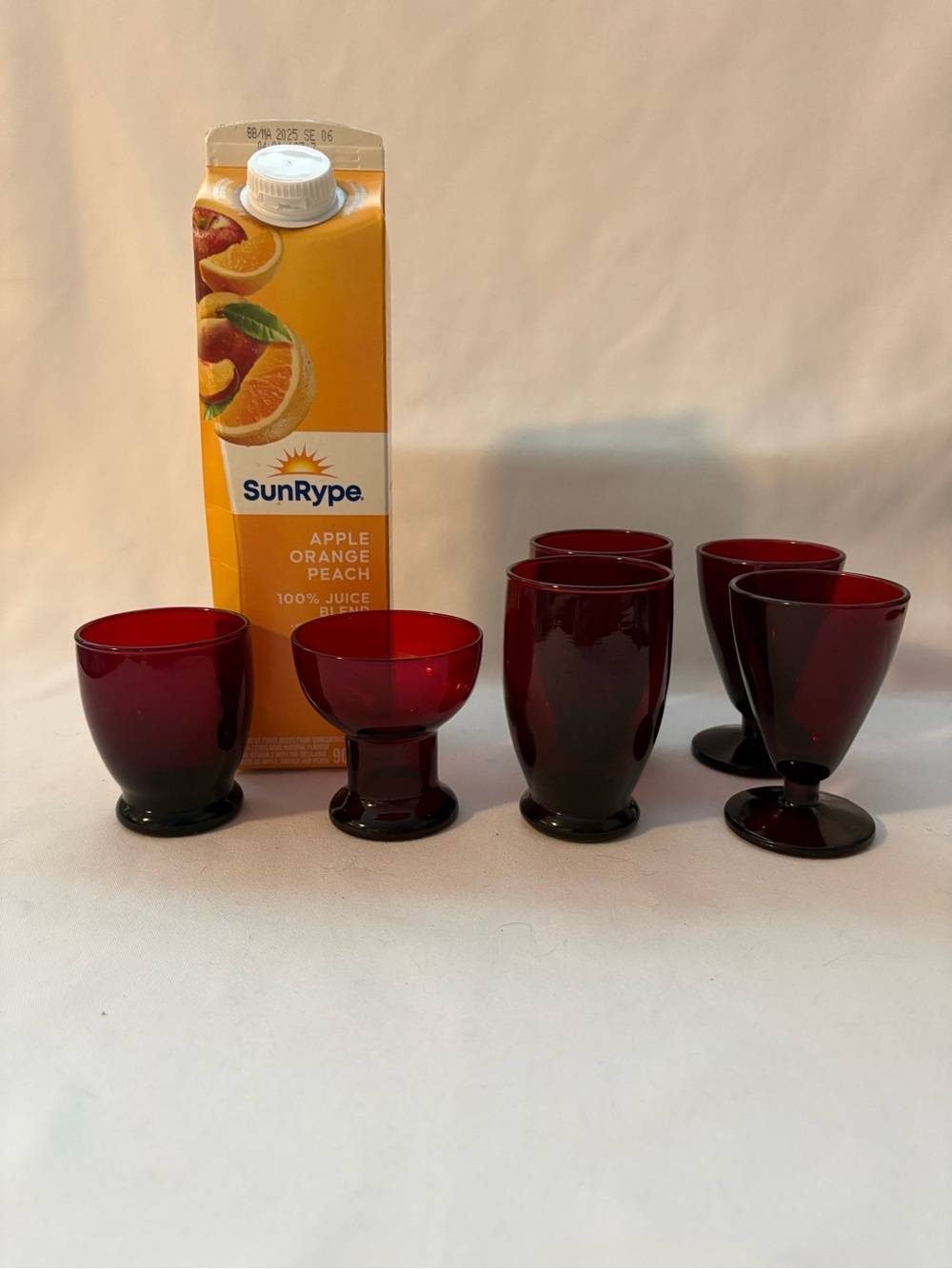 6- Assorted Anchor Hocking, royal red drinking glasses